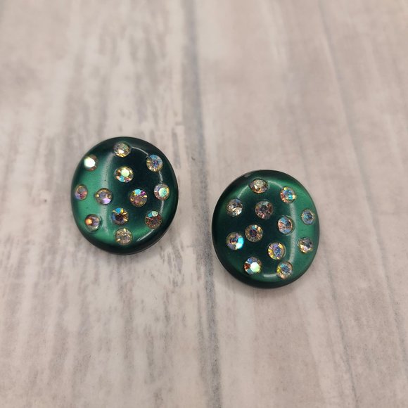 Moonglow Lucite Emerald Green Earrings with AB Crystals. Vintage Pinup Retro - Picture 2 of 9